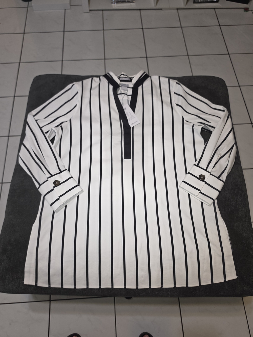Chico's White Tunic with Black Vertical Stripes